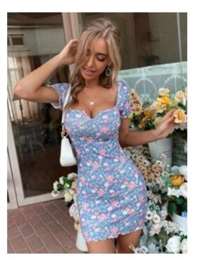 SHEIN Blue Floral Mini Dress with Pink Roses